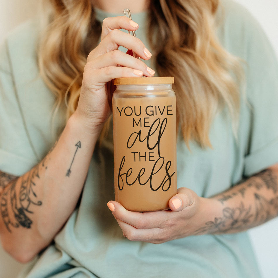20oz You Give Me All the Feels glass cup with bamboo lid, Galentineās gift.
Valentineās Day gift, 20oz bamboo lid glass cup, You Give Me All the Feels.